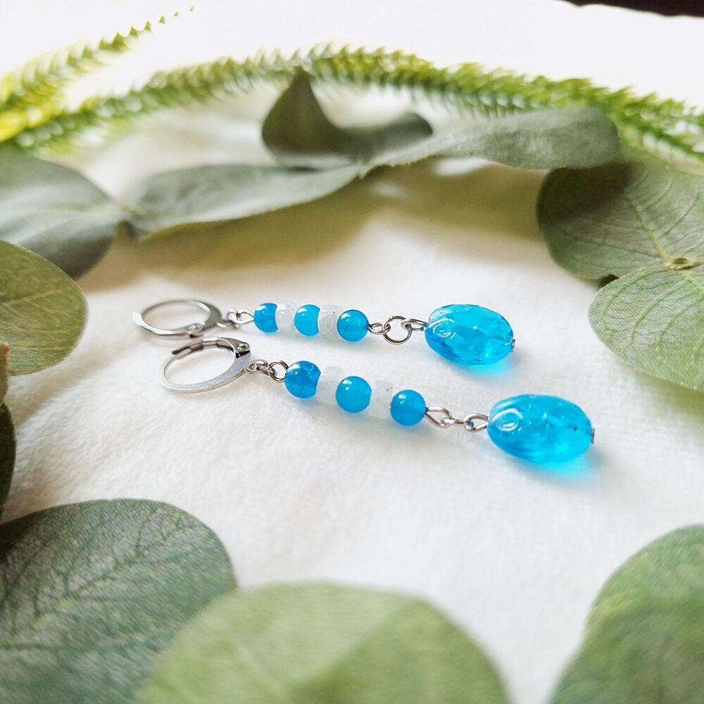 Aqua Quartz & Glass Earrings, Stainless Steel Leverback - Picture 9 of 9
